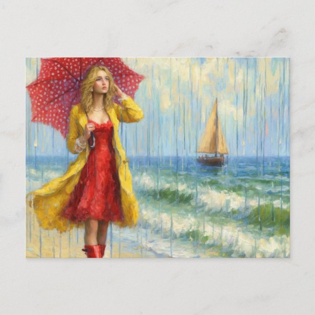 Postal Chica con vestido rojo caminando por la playa bajo (Anverso)