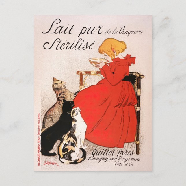 Postal Chica con vestimenta roja Beber leche Steinlen Pos (Anverso)