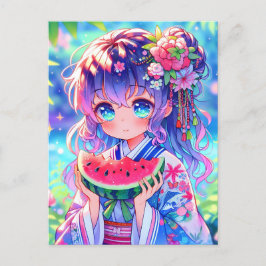 Postal Chica de anime come sandía en verano