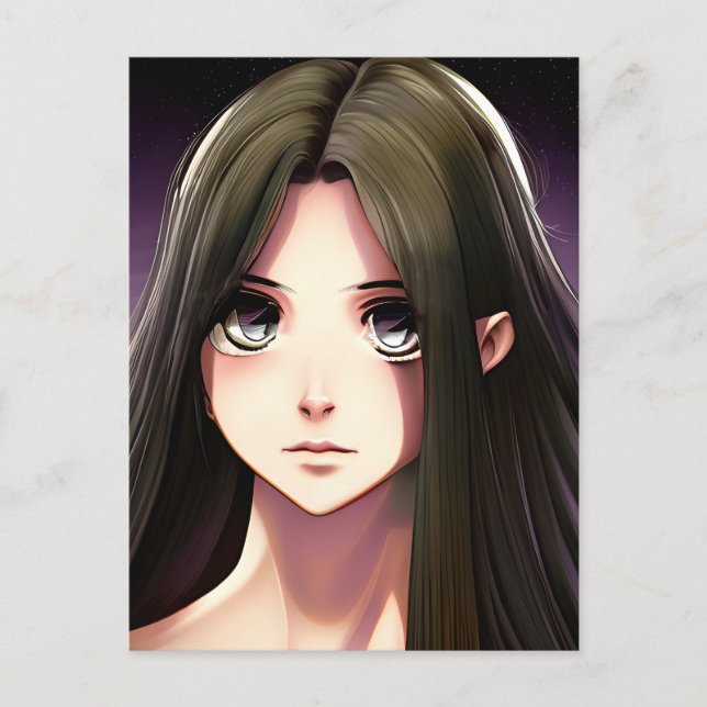 Postal Chica de anime con pelo marrón y ojos azules (Anverso)