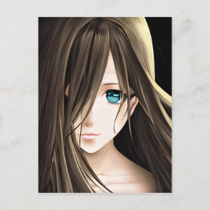 Postal Chica de Anime de Pelo Castaño y Ojos Azules