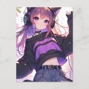 Postal Chica de anime en audífonos Fiesta de cumpleaños