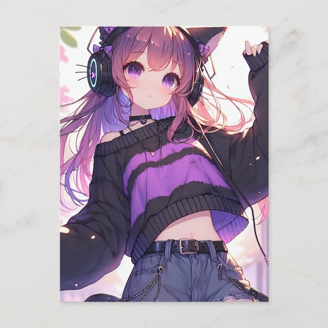 Postal Chica de anime en audífonos Fiesta de cumpleaños (Anverso)