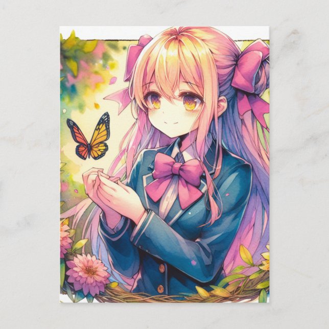Postal Chica de anime y mariposa en contacto (Anverso)