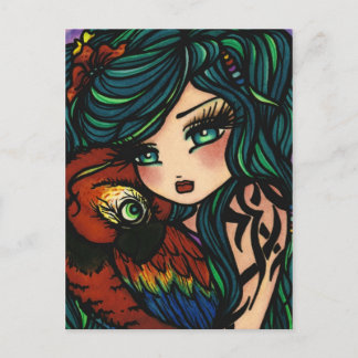 Postal Chica de Arte de Fantasía Sirena Loro Tatuaje Trop