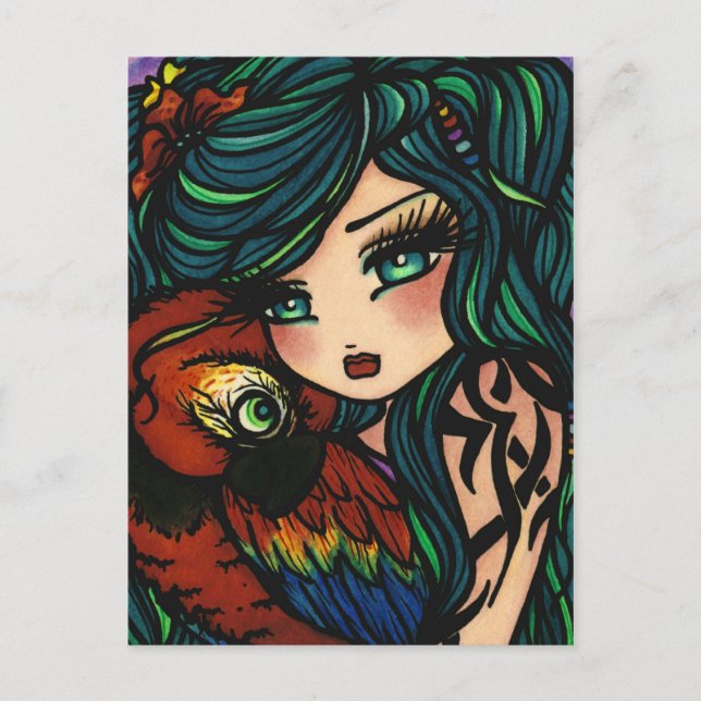 Postal Chica de Arte de Fantasía Sirena Loro Tatuaje Trop (Anverso)