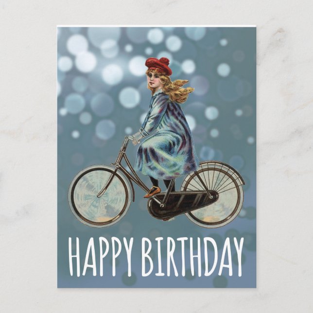 Postal Chica de bicicleta antigua - Cumpleaños (Anverso)