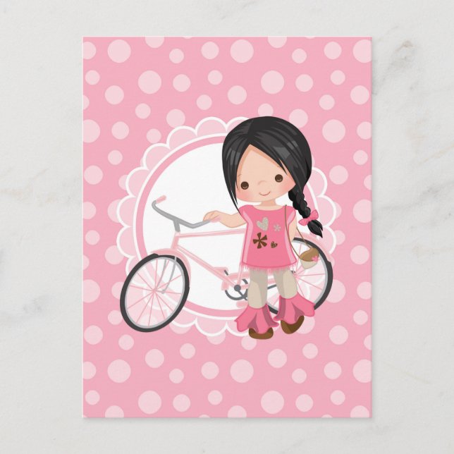 Postal Chica de Bicicleta de Cabello Negro - Rosa Blanco (Anverso)