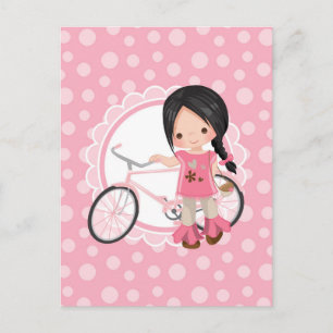 Postal Chica de Bicicleta de Pelo Negro - Rosa Blanco