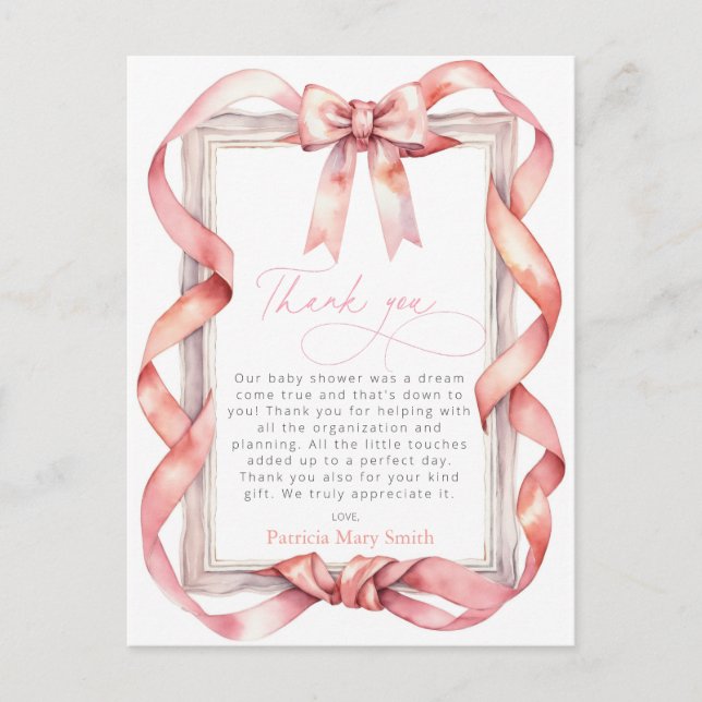 Postal Chica de Bow rosa Baby Shower Gracias PostCard (Anverso)