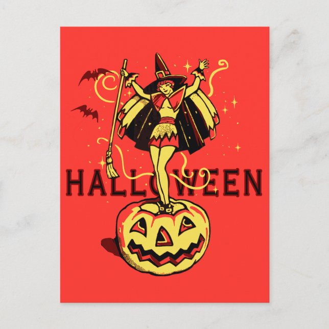 Postal Chica de Brujas de Halloween (cosecha) (Anverso)