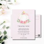 Postal Chica De Calabaza Rosa Cae Baby Shower Gracias<br><div class="desc">Gracias a tu familia y amigos por sus reflexivos regalos y por asistir a la ducha de tu bebé con esta postal de agradecimiento a tu bonito. Está decorado con una hermosa acuarela de calabaza rosa, rosas y follaje verde sobre un suave fondo rosa. Fácilmente personalizado. Acuarela original © Michele...</div>