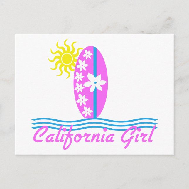 Postal Chica de California, tablero de surf rosa con sol (Anverso)