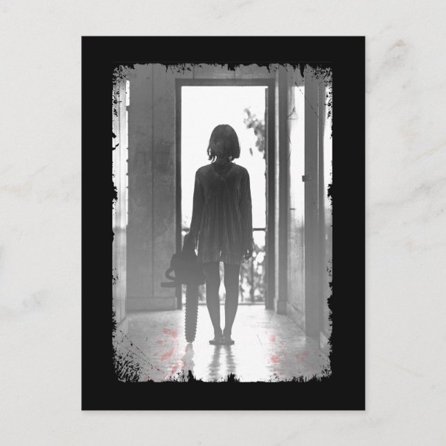 Postal Chica de Chainsaw espantado horror arte oscuro (Anverso)