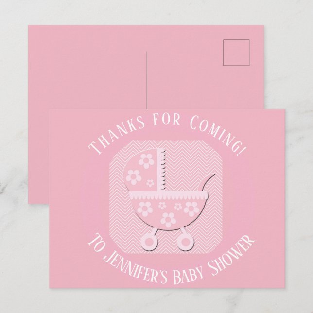 Postal Chica de cochecito de bebé rosa agradecimiento en  (Anverso / Reverso)