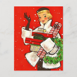 Postal Chica de compras navideñas, saludo festivo vintage