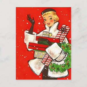 Postal Chica de compras navideñas, saludo festivo vintage