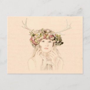 Postal Chica de cuernos con flores