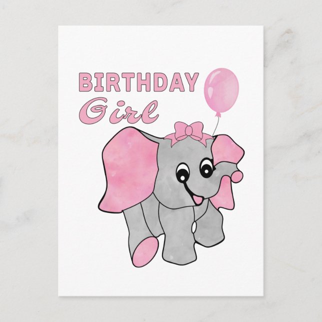 Postal Chica de cumpleaños elefante bebé rosa (Anverso)