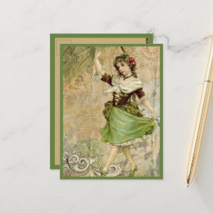 Postal Chica de danza victoriana Rosa Verde