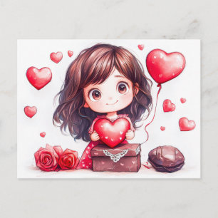 Postal Chica de dibujos animados sosteniendo corazón romá