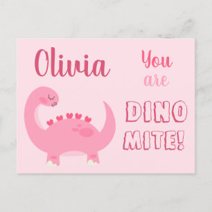 Postal Chica de dinosaurio rosa lindo El día de San Valen