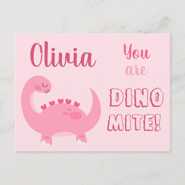 Postal Chica de dinosaurio rosa lindo El día de San Valen (Anverso)