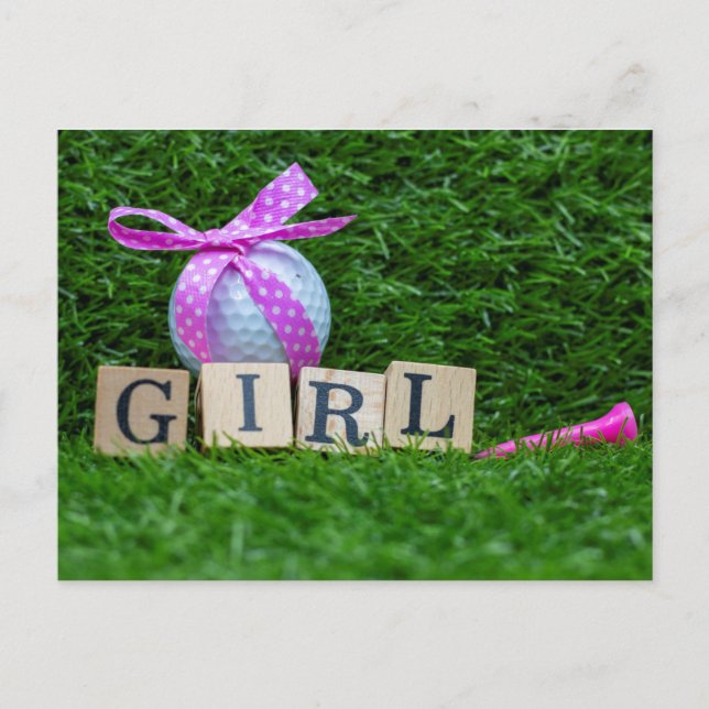 Postal Chica de ducha para bebés de golf con cinta rosa y (Anverso)