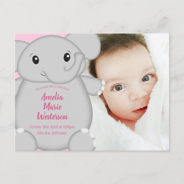 Postal Chica de Elephant Baby Shower Pink Safari (Anverso)