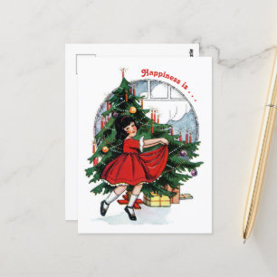 Postal Chica de época bailando alrededor del árbol de Nav