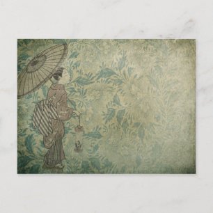 Postal Chica de época bajo paraguas