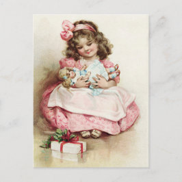 Postal Chica de época con vestido rosa con muñeca