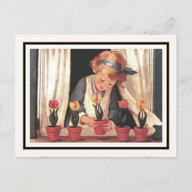 Postal Chica de época y Windowbox por Jessie Willcox Smit (Anverso)
