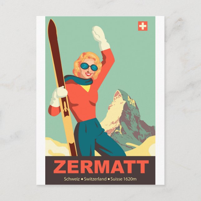 Postal Chica de esquí de Zermatt, Suiza (Anverso)