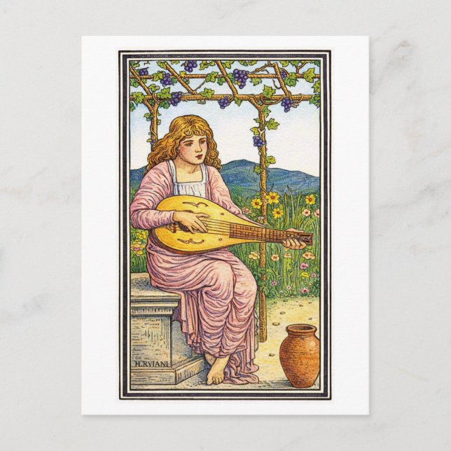 Postal Chica de estilo medieval retro tocando laúd en viñ (Anverso)