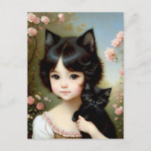 Chica de fantasía con gatito negro - Pintura vinta