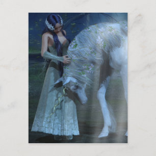 Postal Chica de fantasía y unicornio a la luz de la luna