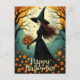 Postal Chica de flores Noche Forestal Feliz Halloween