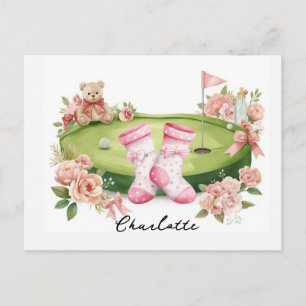 Postal Chica de golf Baby Shower con oso de peluche rosa 