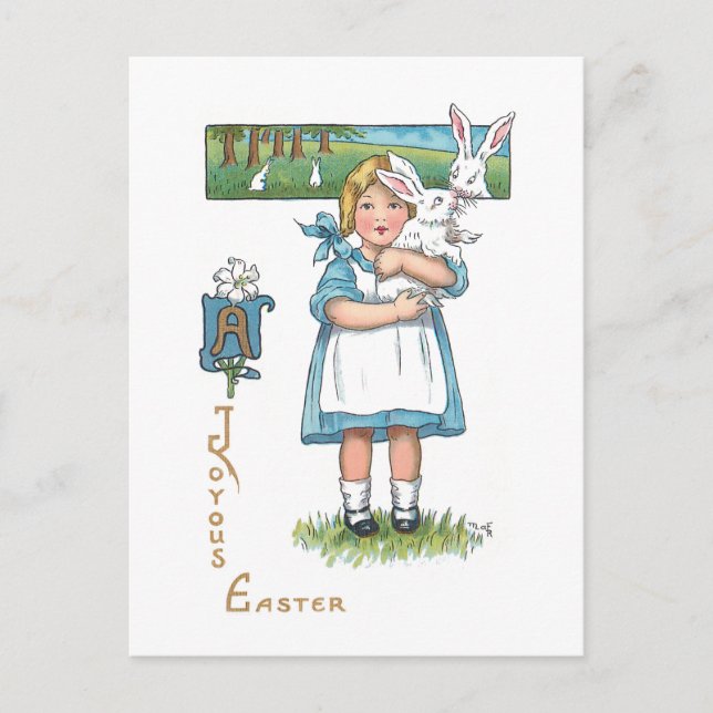 Postal Chica de granja de época con conejo de Pascua (Anverso)