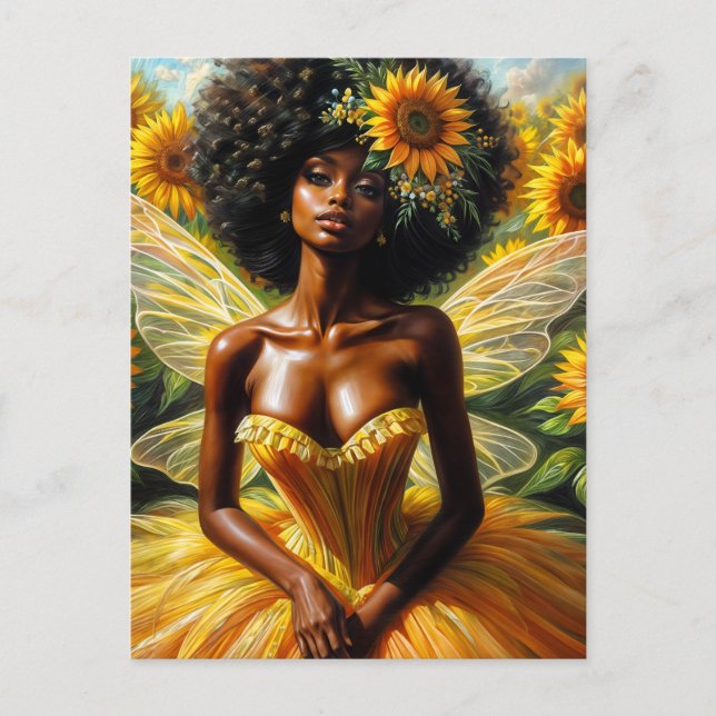 Postal Chica de hadas afro con piel oscura y girasoles (Anverso)