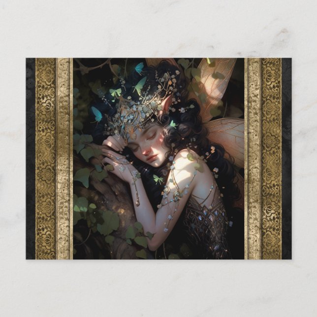 Postal Chica de hadas durmiendo arte fantasía (Anverso)