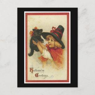 Postal Chica de Halloween Black Kitten y Witch