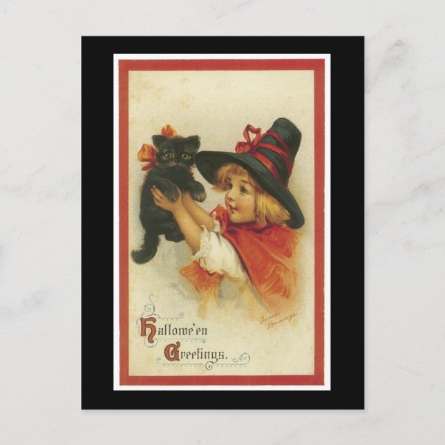 Postal Chica de Halloween Black Kitten y Witch (Anverso)