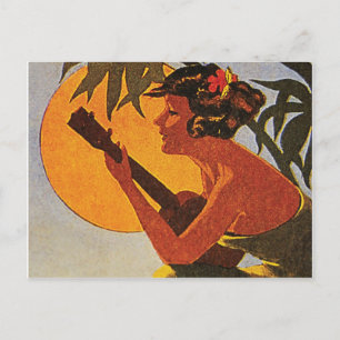 Postal Chica de Hawaii que juega el ukulele en puesta del