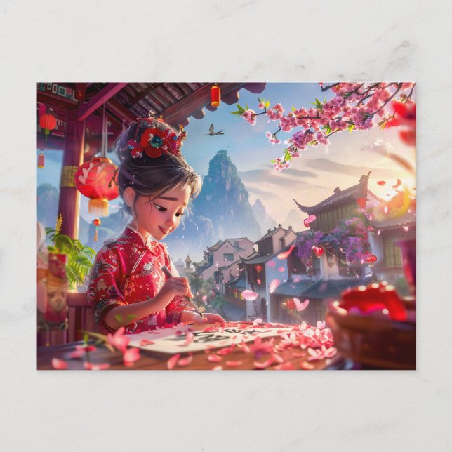 Postal Chica de historietas escribe caligrafía en mayo (Anverso)