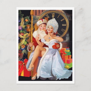 Postal Chica de la baraja sentada en el regazo de un tipo