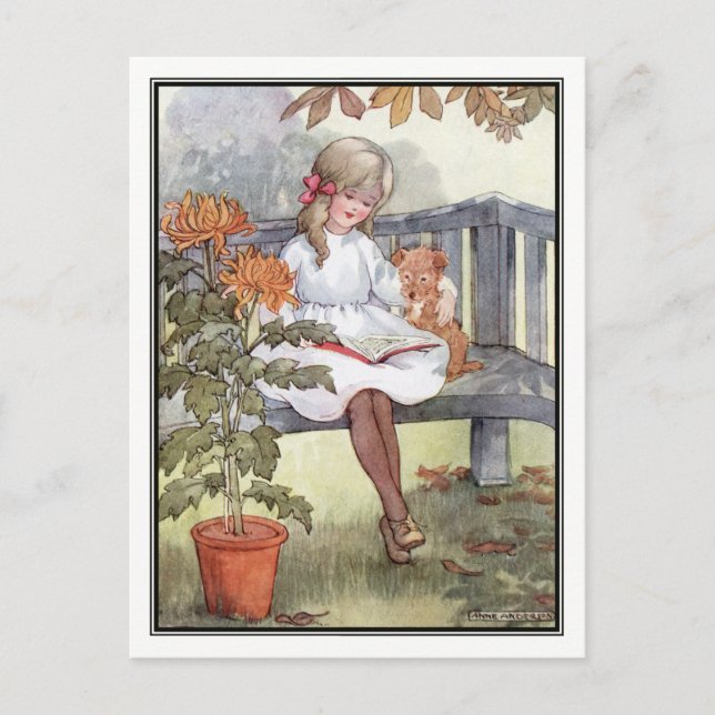 Postal Chica de la época leyendo con perro por Anne Ander (Anverso)