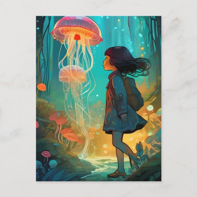 Postal Chica de la fantasía del bosque de medusas (Anverso)