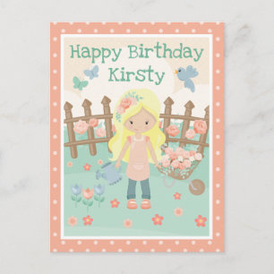 Postal Chica de la rubia de primavera en el jardín de flo